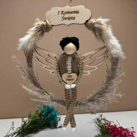Pamiątka / Prezent na Komunię Świętą dla chłopca – aniołek "Franciszek" w  obręczy boho