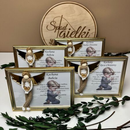 Uroczy Aniołek chłopczyk - złote skrzydełka - jako podziękowanie dla Chrzestnych i Dziadków