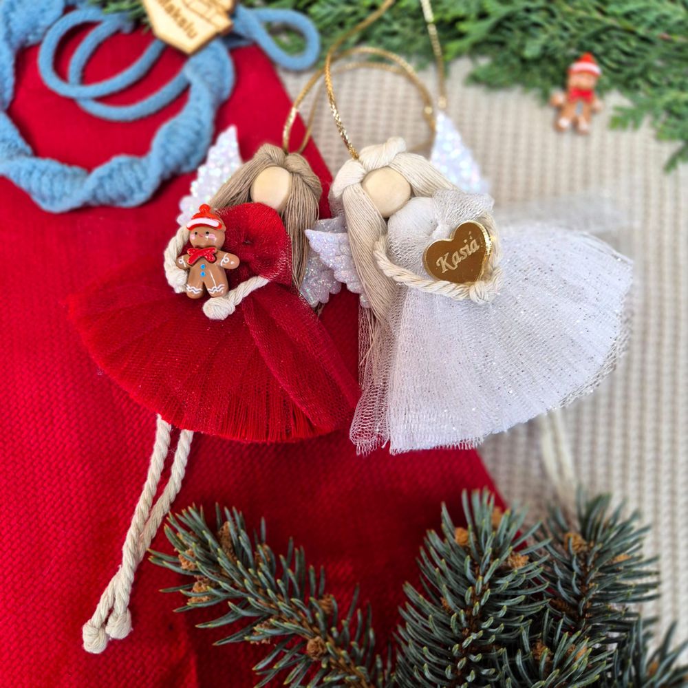 aniołek dekoracyjny z makaronu i tiulu, dekoracja świąteczna